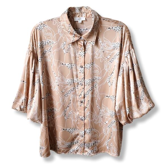 Women Entro Cheetah Beige Balloon Sleeve Blouse Top M Neutral Career Modern NEW - Picture 1 of 11